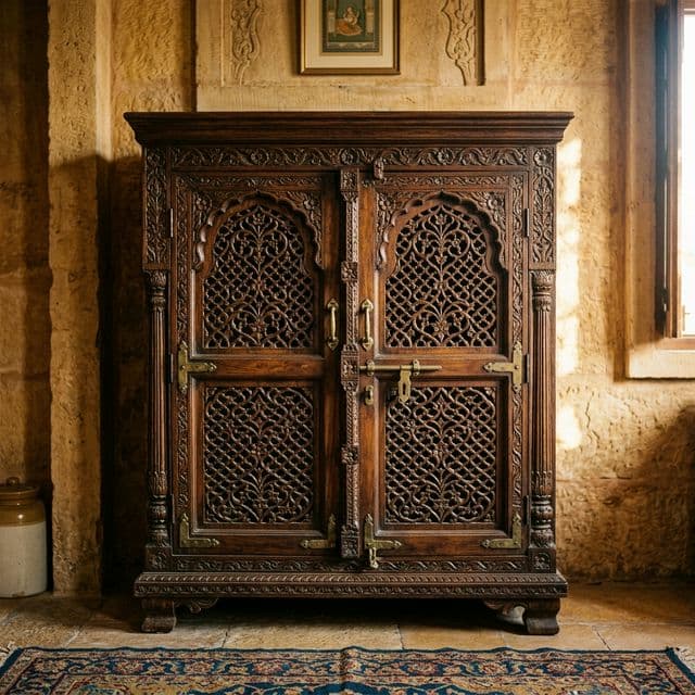Antique carved wooden almirah — Harsiddhi Antique Furniture