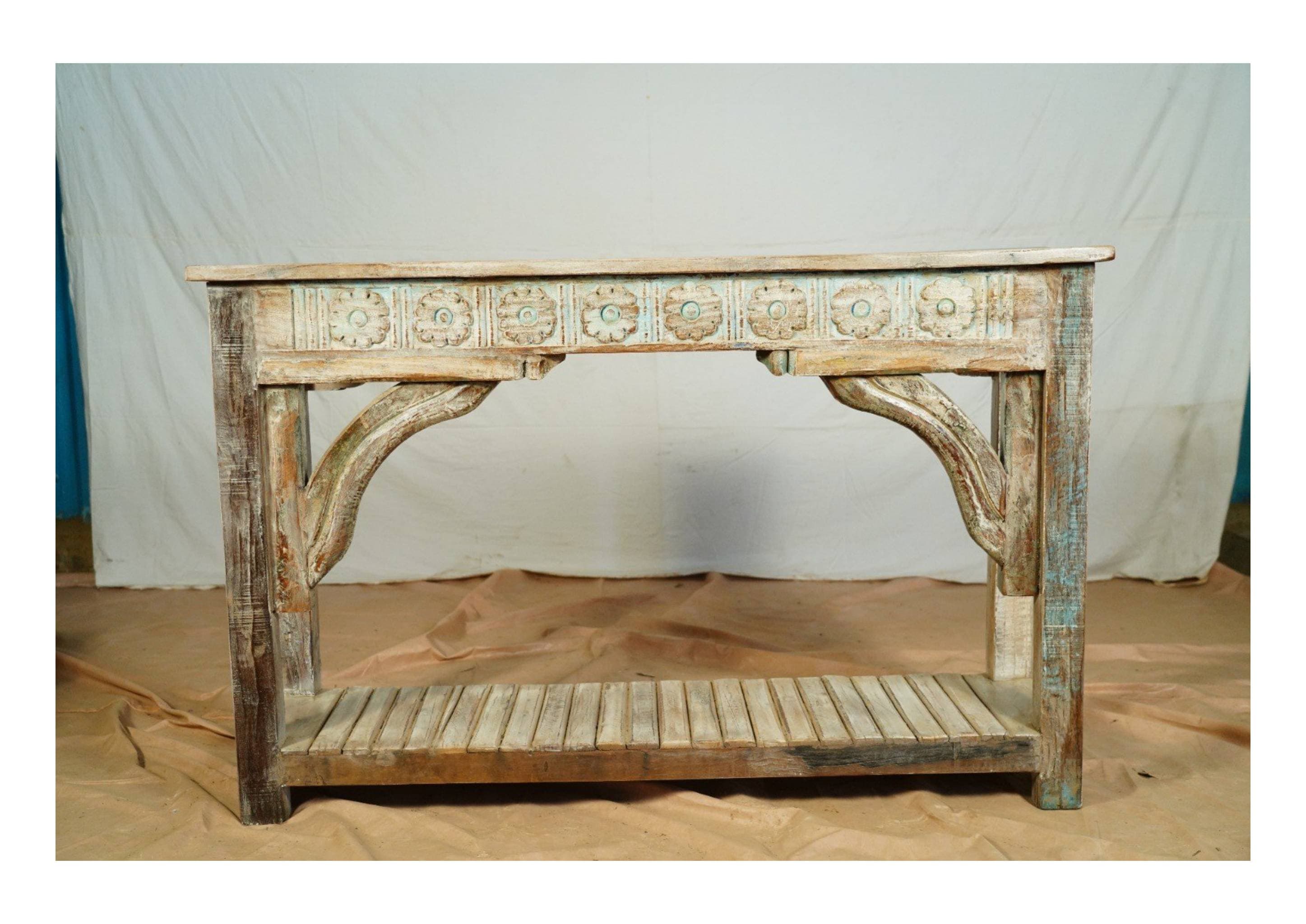 Rustic Carved Wooden Console Table — image 1